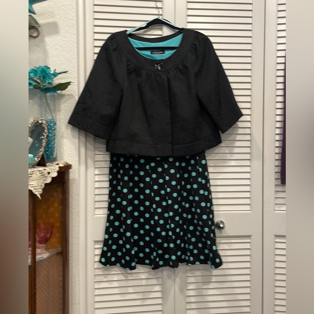 Black knee length Dress W/ Teal Polka Dots & Black Jacket XL